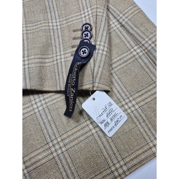 Roberto Zanieri Blazer Sport Coat Mens 44 Beige 100% Wool Plaid Made In Italy
